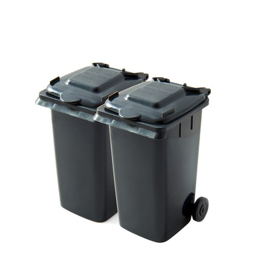 Two black plastic wheeled bins with hinged lids, shown on a plain white background.