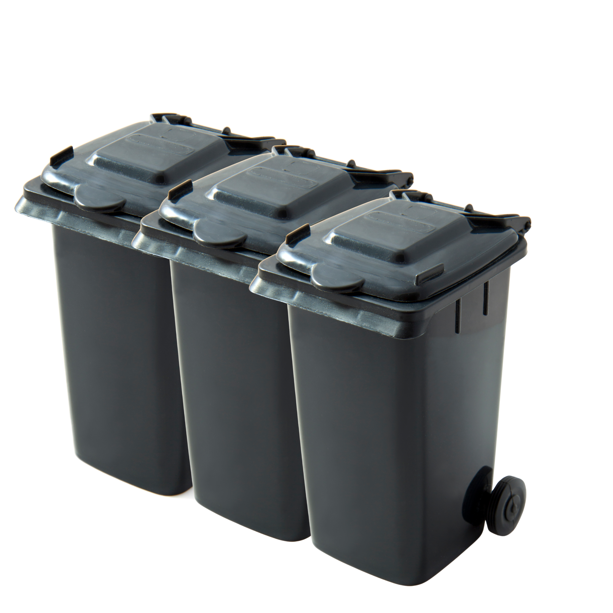 Three black plastic wheeled trash bins with hinged lids, arranged side by side on a plain white background.