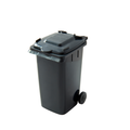 A black plastic wheeled trash bin with a hinged lid, shown on a plain white background.